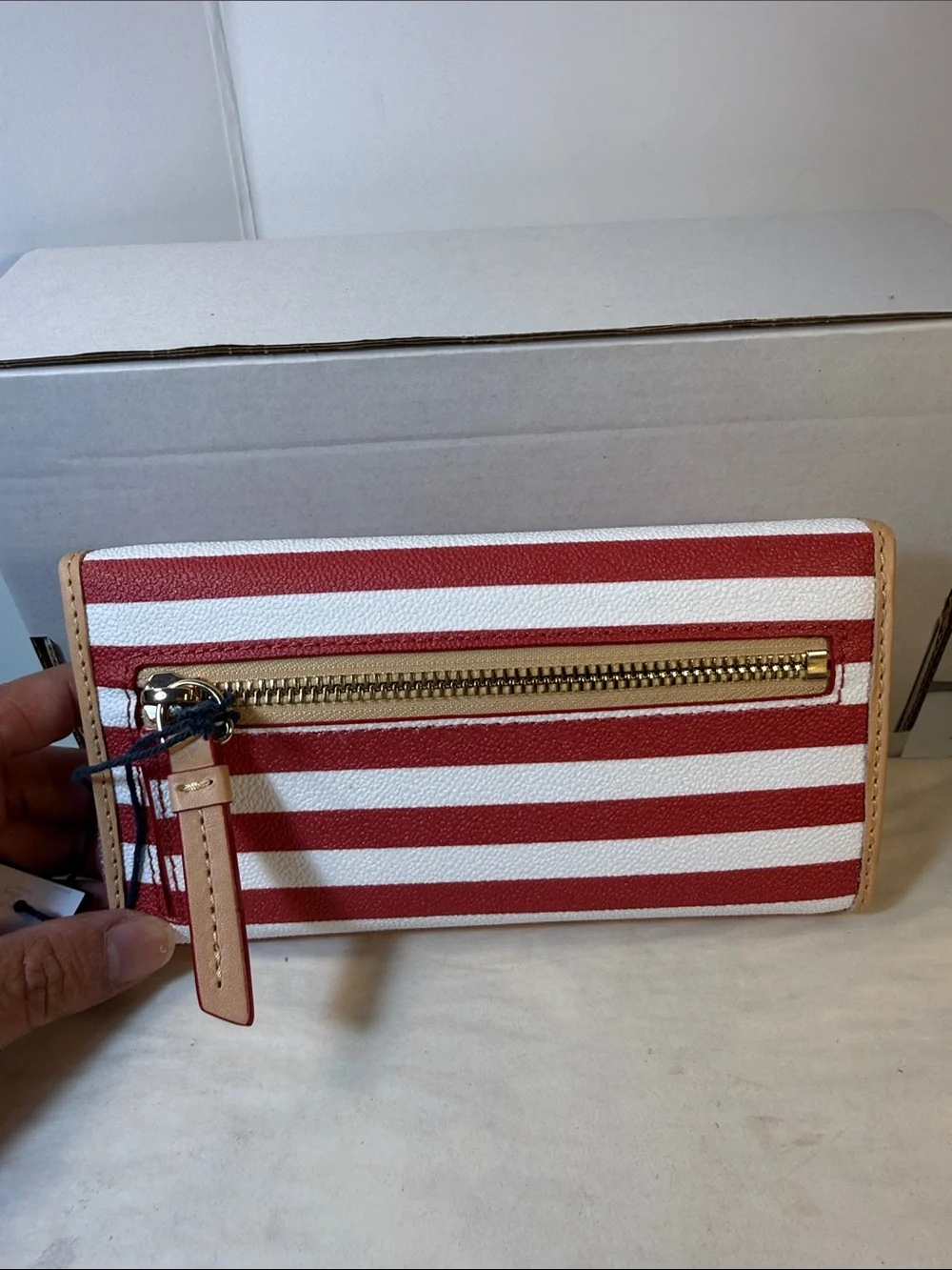 Dooney & Bourke Red and White Striped Clutch with Tan Trim